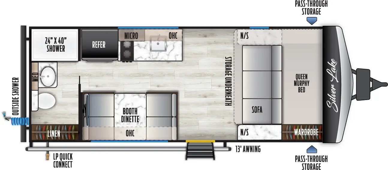 The 1600RBLE has no slide outs and one entry door. Exterior features include a rear outside shower, LP quick connect, 13 foot awning and front pass-through storage. Interior layout includes a front queen murphy bed/sofa with nightstands on each side, storage underneath, and door side wardrobe; door side entry, and  booth dinette with overhead cabinet and TV hookup; off-door side refrigerator, overhead microwave and cabinet, cooktop, and sink; rear full bathroom with medicine cabinet and linen closet.